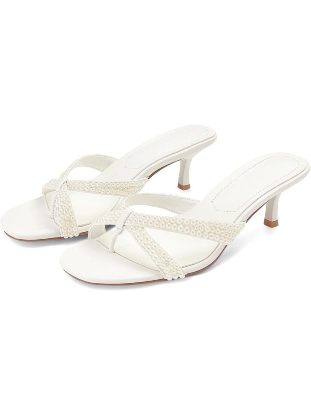 Women's White Pearl Rounded Toe Strappy Kitten Mule Heel Thong Flip-Flop Sandal